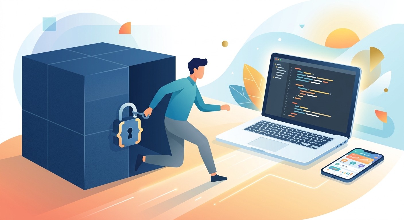 Illustration of unlocking restricted data and accessing technology on a laptop and smartphone