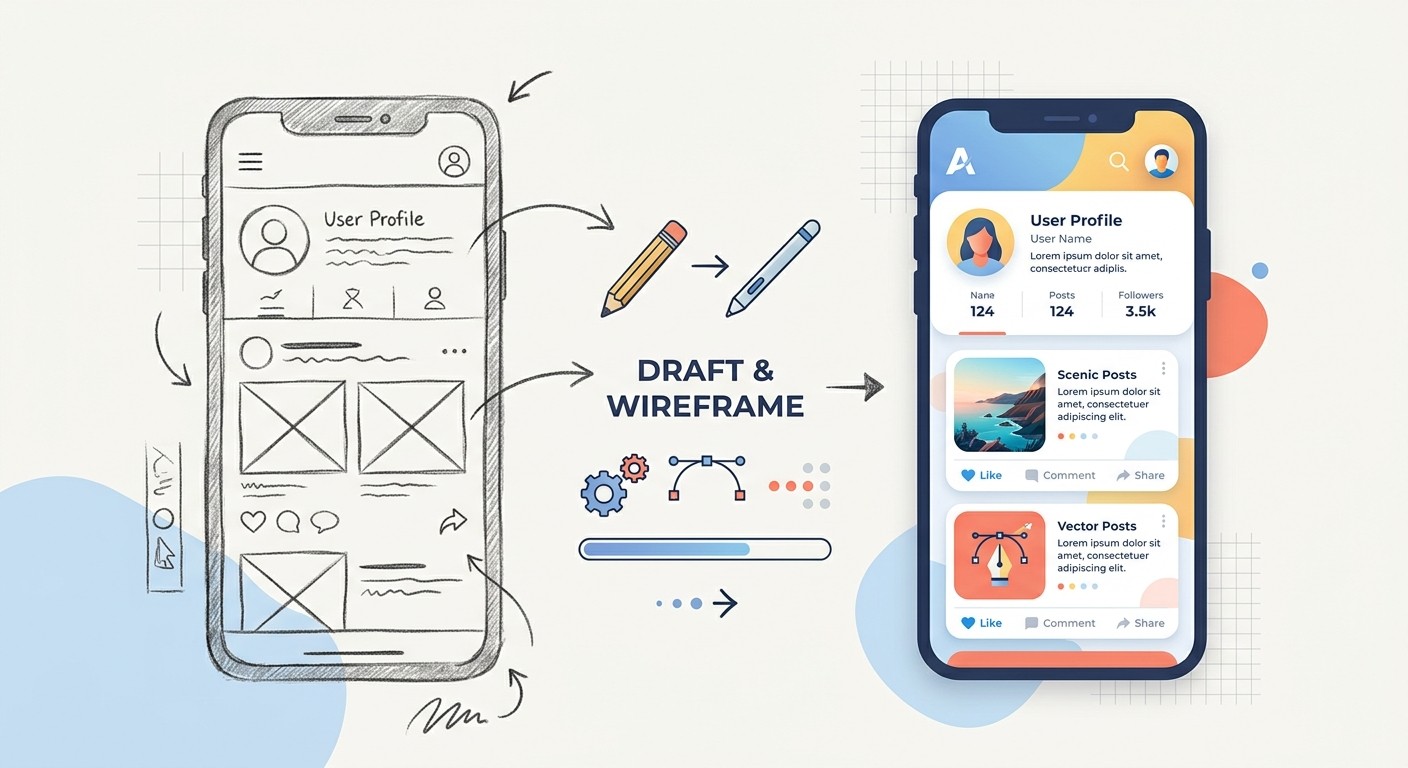 Illustration of a hand-drawn wireframe transforming into a polished mobile app interface, showing the app design process