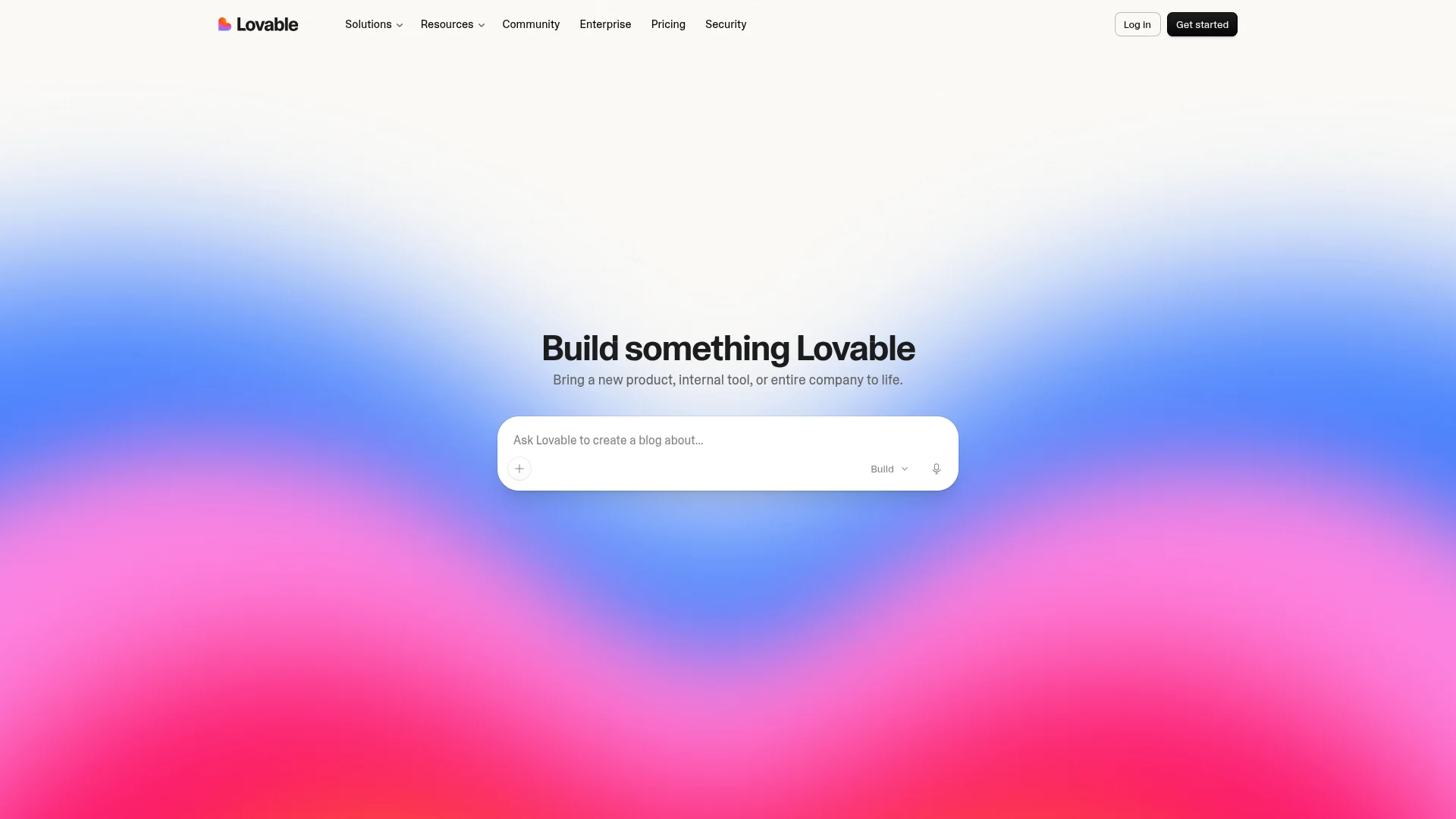 Lovable homepage showing the AI web app builder with a Build something Lovable prompt box