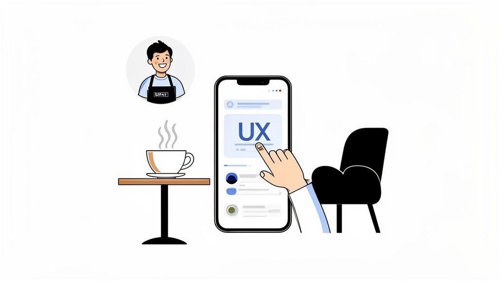 A hand interacts with a mobile phone app showing 'UX', next to a coffee cup and a person in an apron.