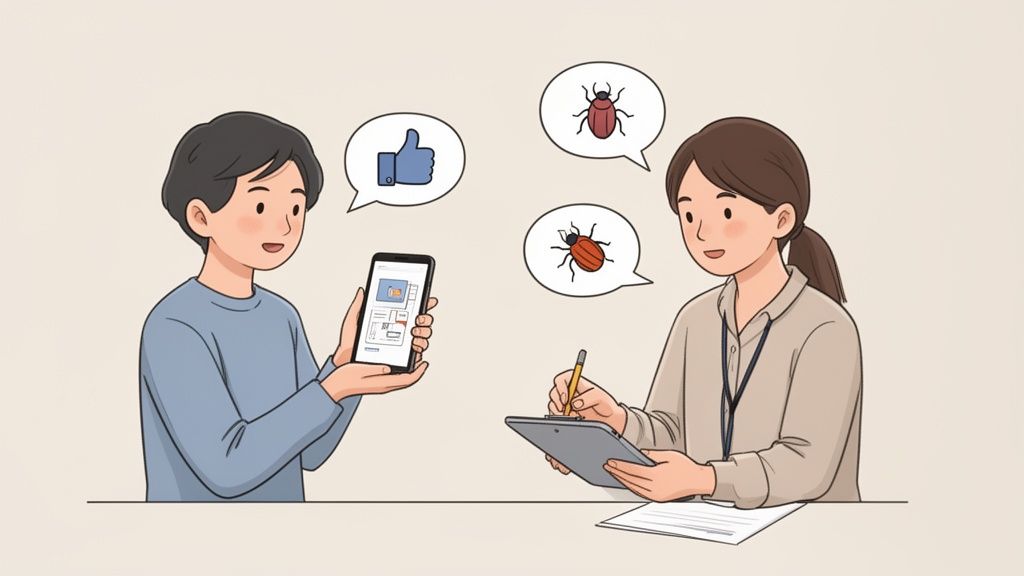 A user gives feedback on a mobile app while a tester notes problems and positive reactions.