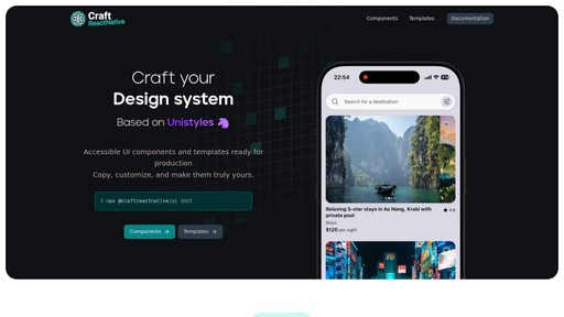 Craft React Native component library showing multiple polished mobile UI screens with dark mode support