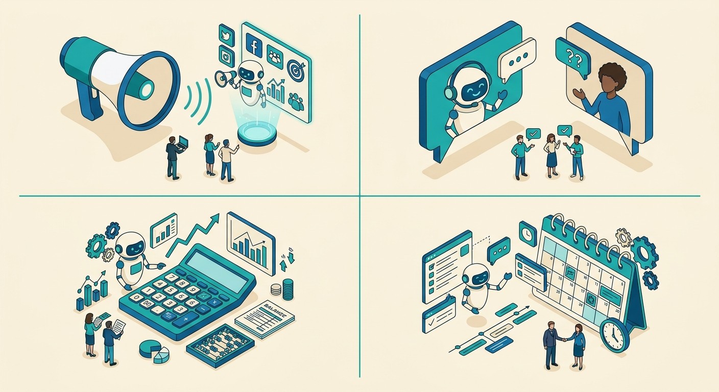 AI helping small business functions: marketing, customer service, bookkeeping, and scheduling