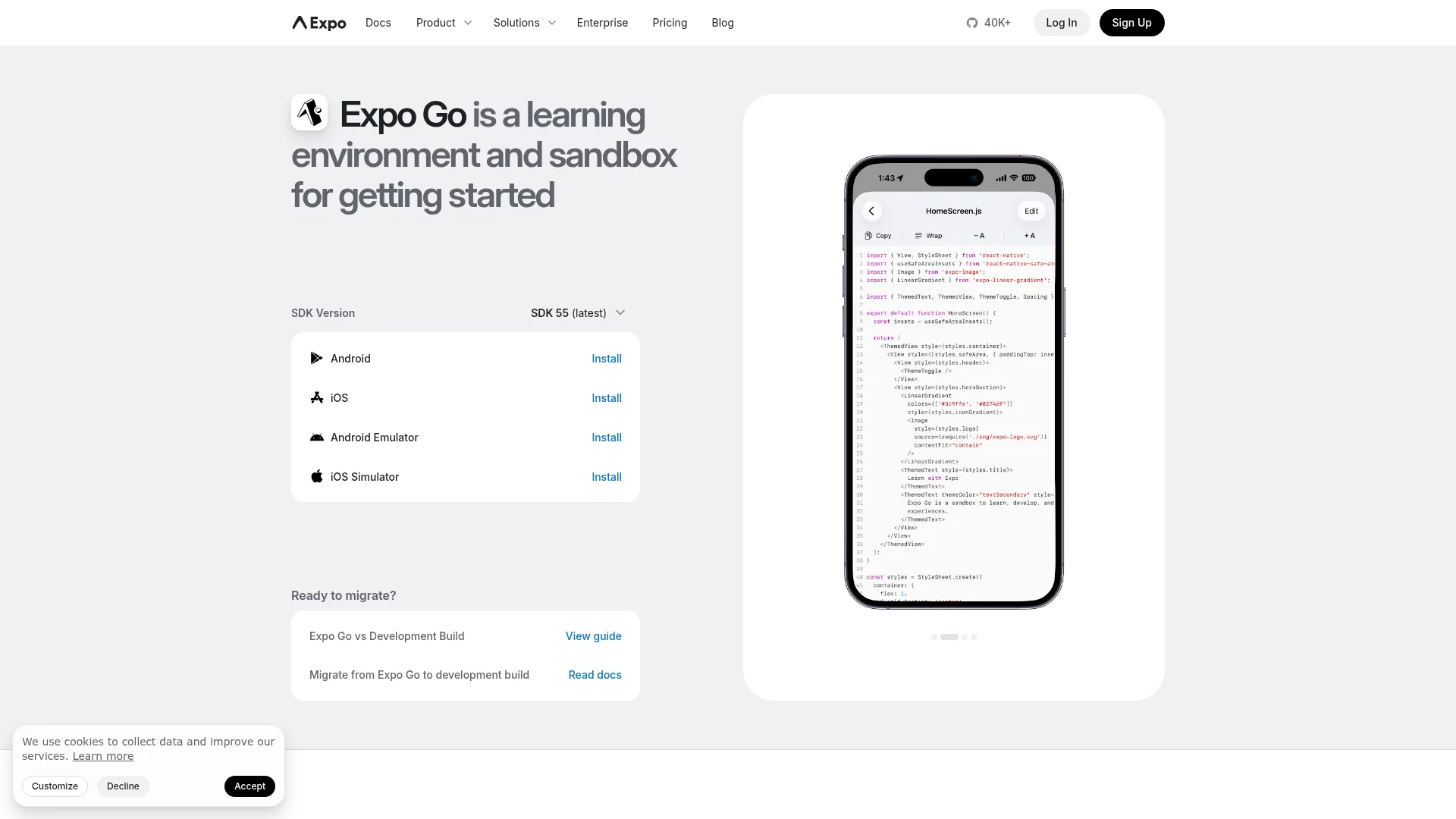 The Expo Go download page showing SDK 55 install options for Android, iOS, Android Emulator, and iOS Simulator.