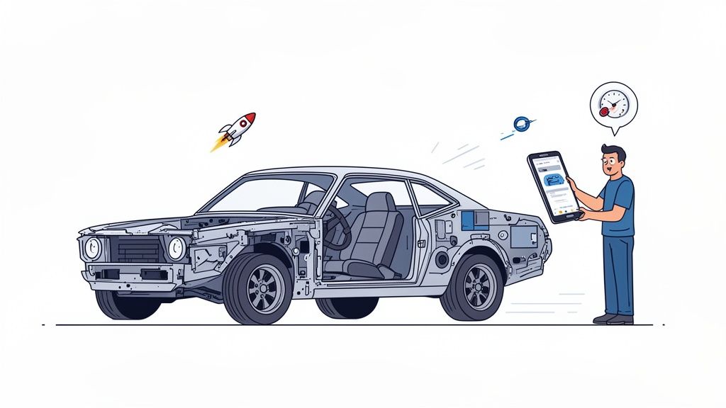 A man uses a mobile app on a smartphone to manage a partially assembled car, symbolizing speed and efficiency.