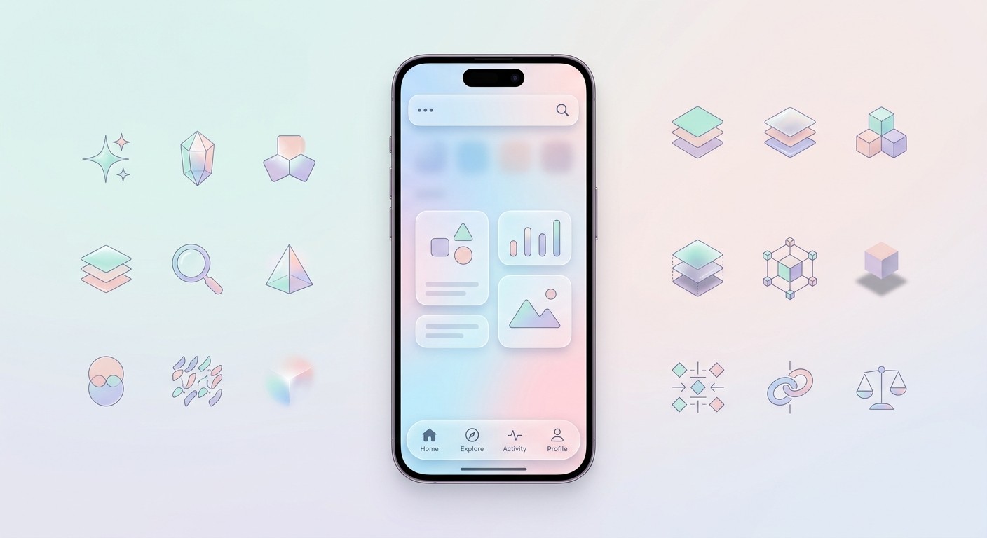 Illustration of a clean iOS interface surrounded by icons for clarity, depth, and consistency