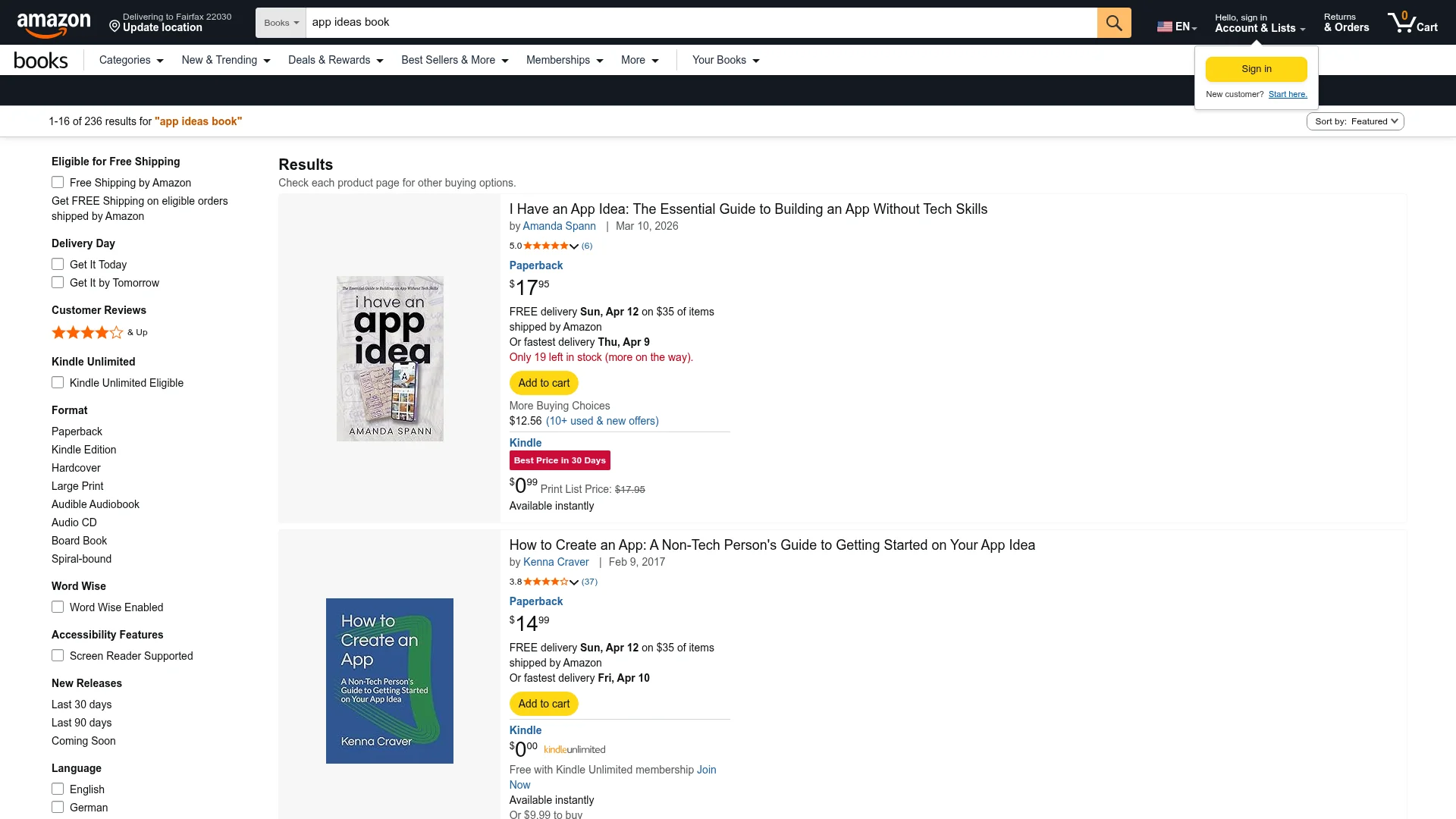 Amazon search results for books on app ideas, ideation frameworks, and idea validation