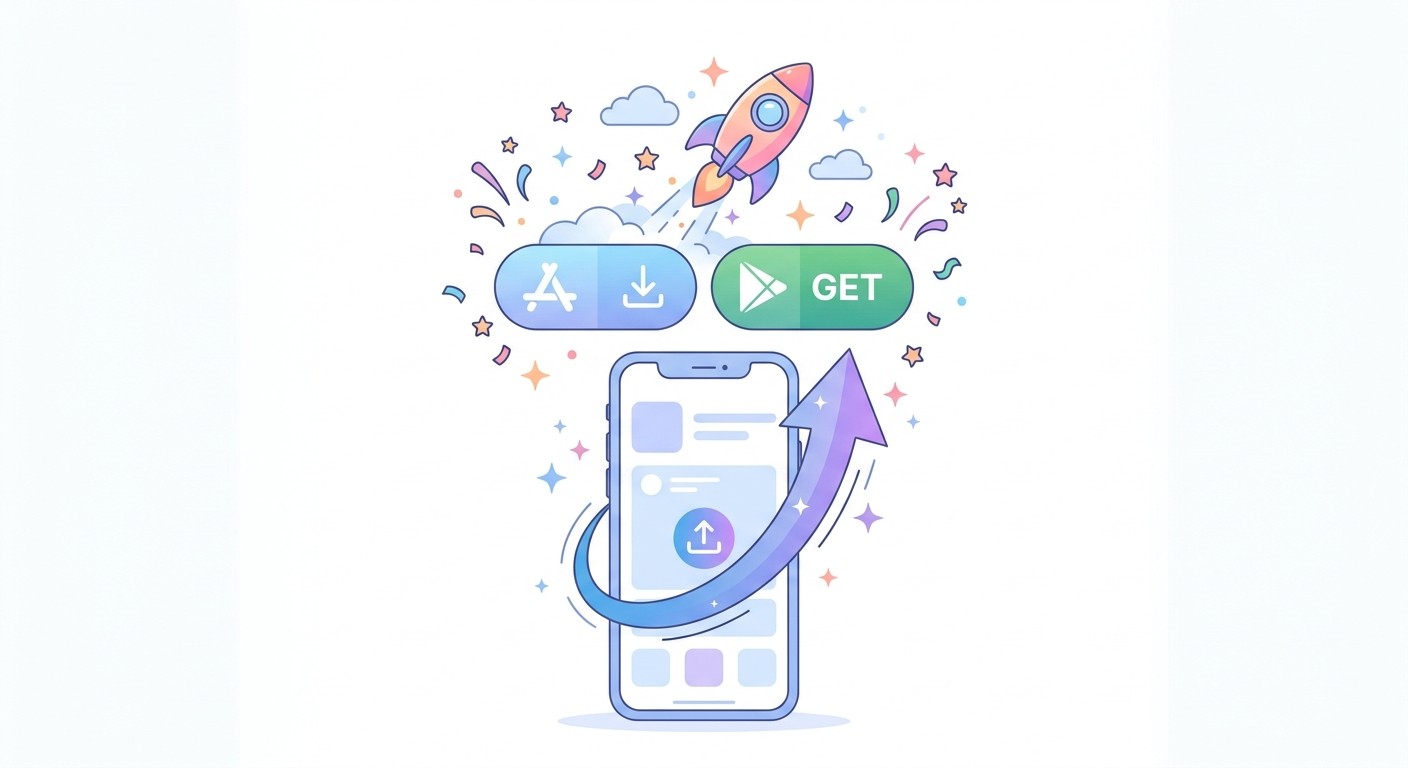 Illustration of a mobile app being published to the Apple App Store and Google Play