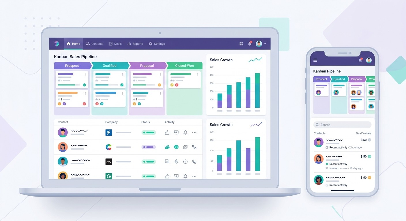 CRM dashboard on laptop and mobile showing a Kanban sales pipeline, contact list, and sales growth charts.