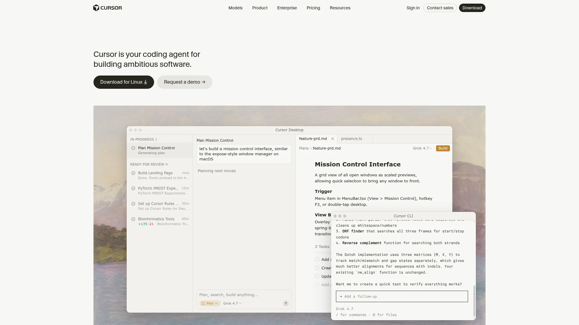 Cursor homepage describing its AI coding agent