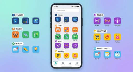 Smartphone screen displaying an app launcher organized by category, including Finance, Games, Music, and Shopping, with colorful app icons for each category surrounding the phone.