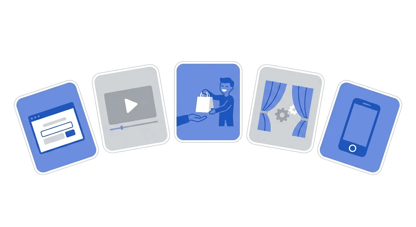 Illustration of five minimum viable product types: a landing page, an explainer video, a concierge service, a Wizard of Oz test, and a single-feature app
