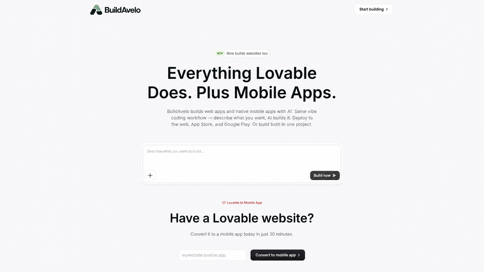 BuildAvelo Lovable import page with a field to paste a Lovable website URL