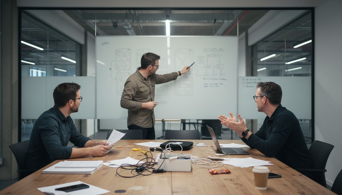 Team collaborating in shared meeting workspace