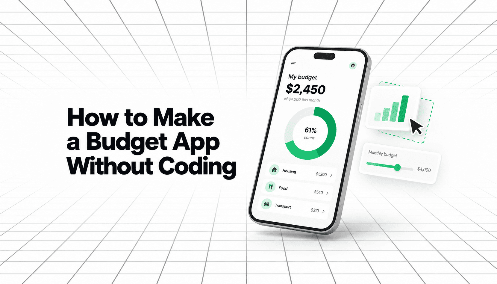 How to Make a Budget App Without Coding” beside a phone displaying a budget dashboard, with green charts and a cursor on a white perspective-grid background.