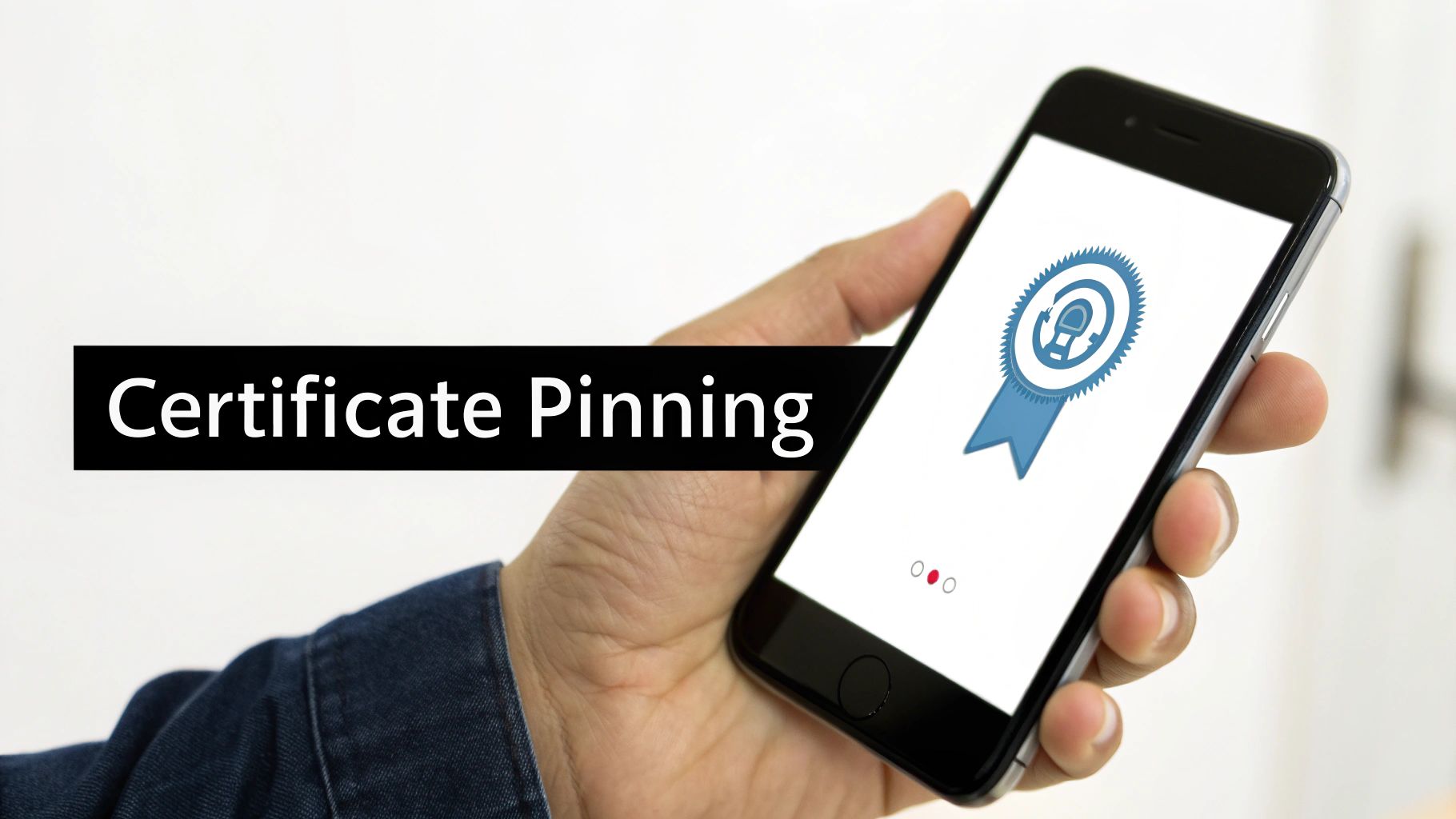Hand holding a smartphone displaying a certificate pinning icon with a secure lock symbol