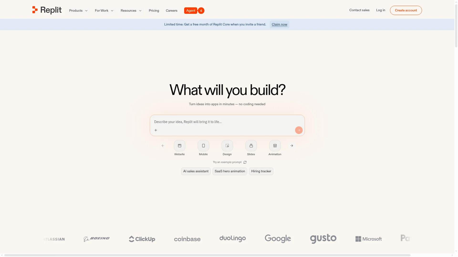 Replit AI coding platform homepage