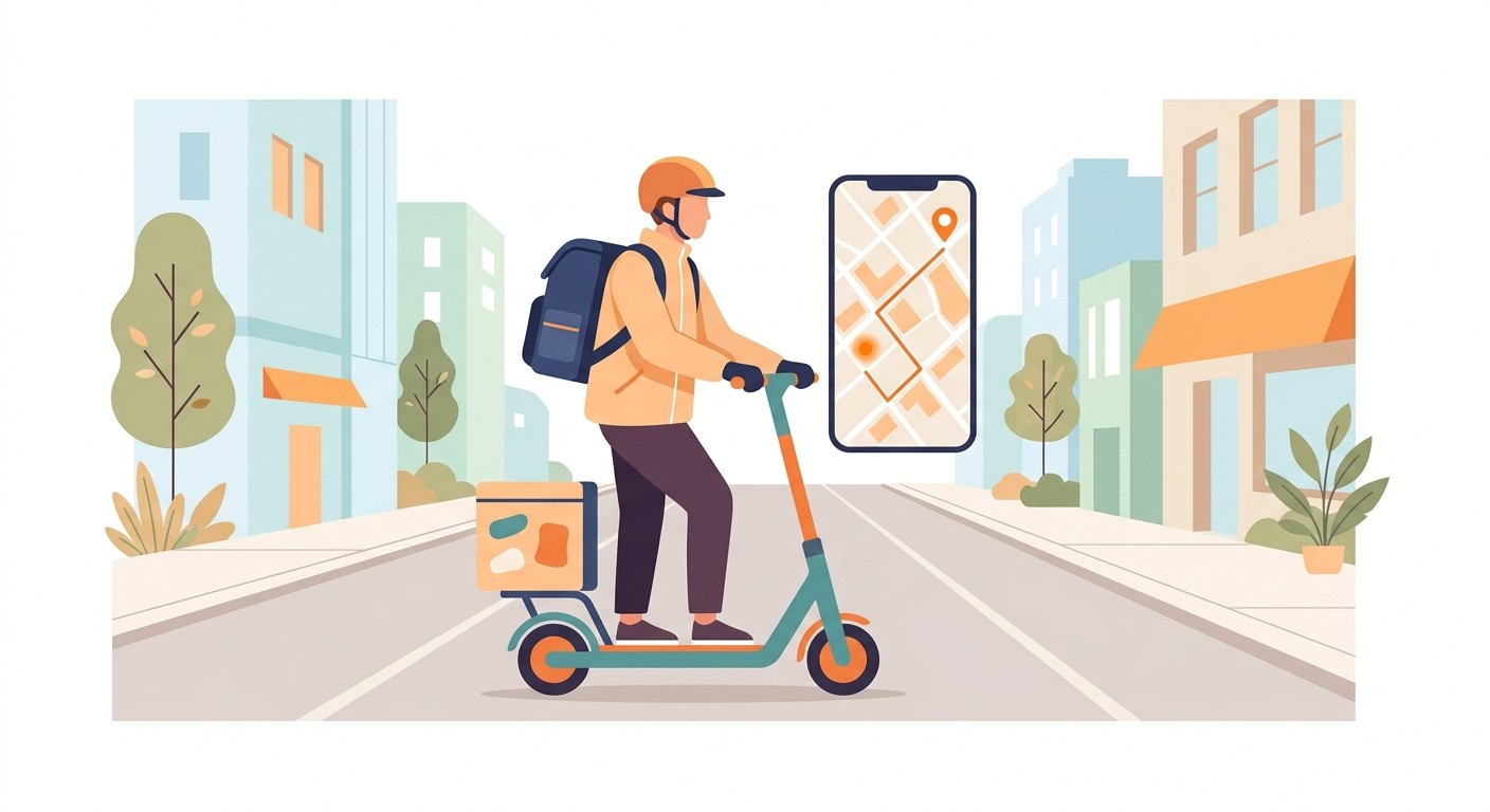 Illustration of a courier on a scooter with a phone showing live delivery tracking on a map