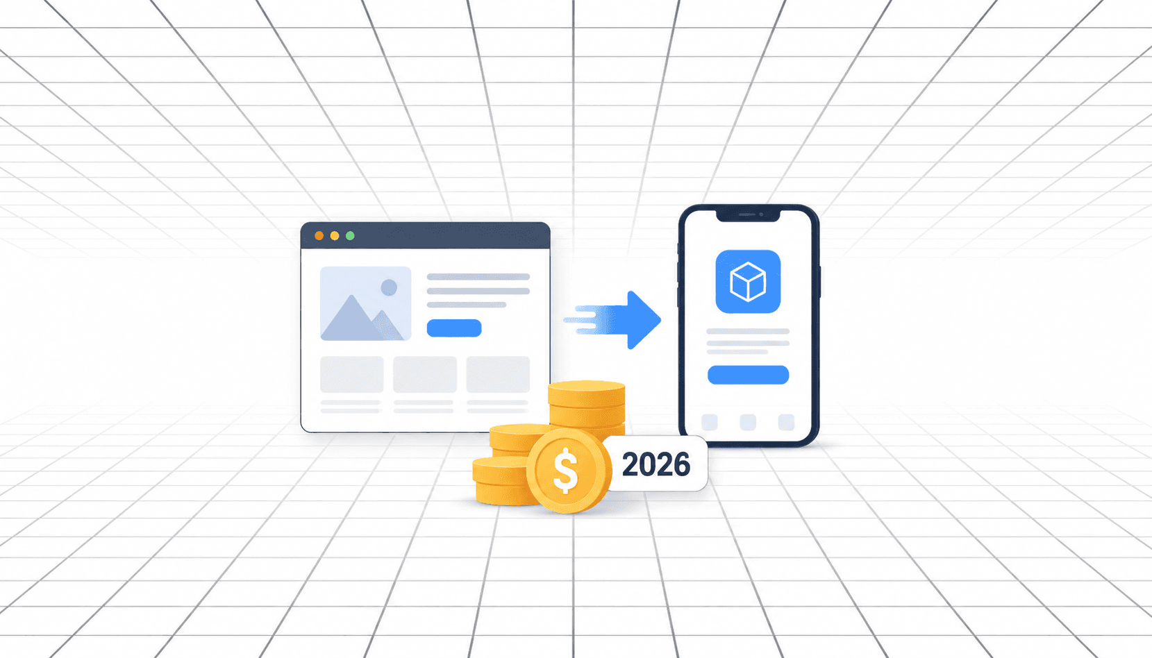 Website converting into a mobile app, with gold coins representing website to app conversion costs in 2026.