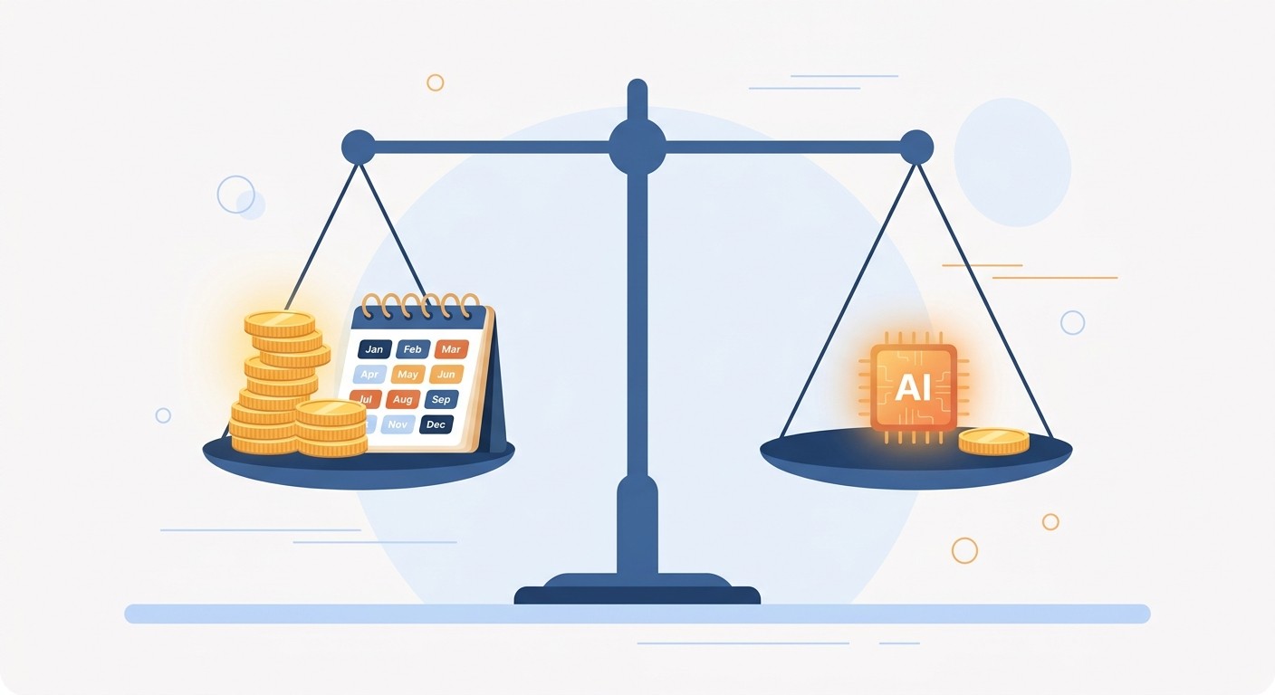 Illustration of a balance scale comparing traditional software development cost and timeline against AI development cost