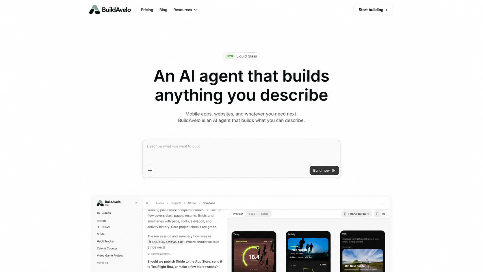 BuildAvelo homepage with a prompt box for describing the app or website you want to build