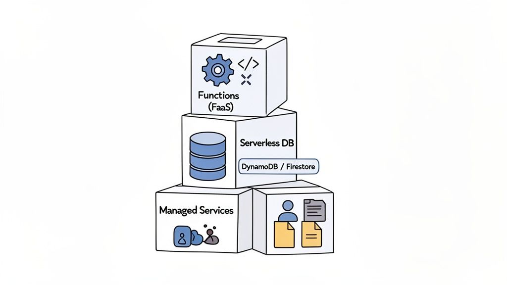 A diagram illustrates serverless architecture components, including FaaS, serverless databases, and managed services.
