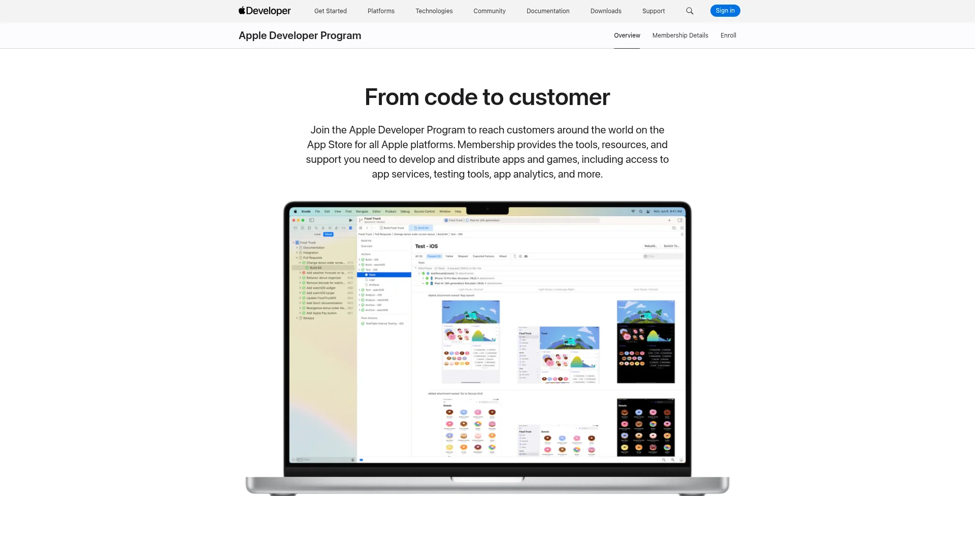Apple Developer Program page showing the $99 per year membership fee for publishing apps