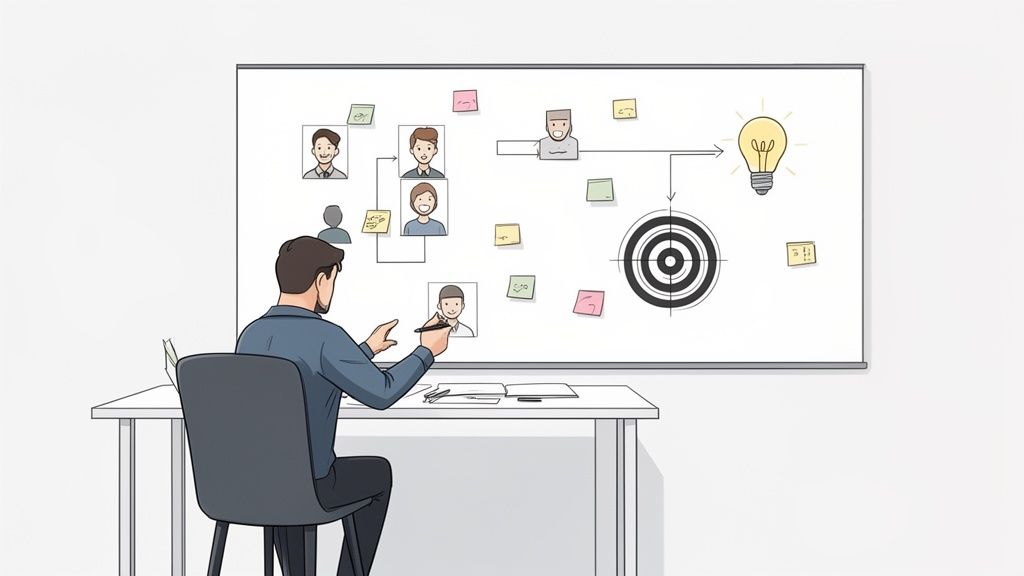 Man planning a web app on a whiteboard with user flows, sticky notes, a target, and a lightbulb.