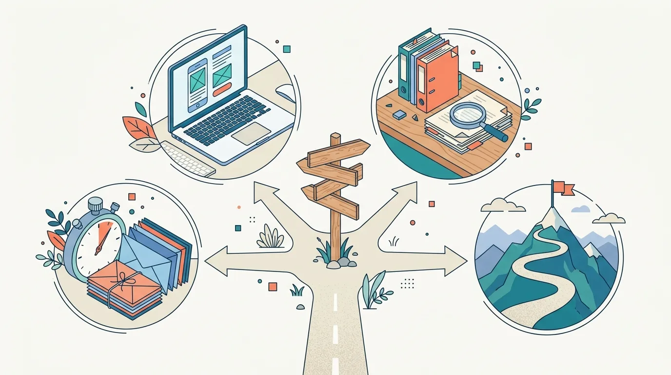Illustration of a signpost at a fork in the road with four paths leading to a stopwatch and envelopes, a laptop with an app wireframe, a desk of documents, and a mountain summit