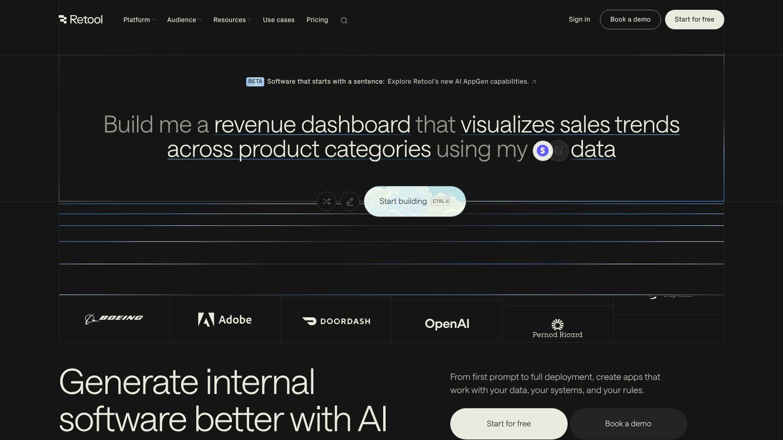 Retool dashboard builder showing connected data sources and a configured admin panel