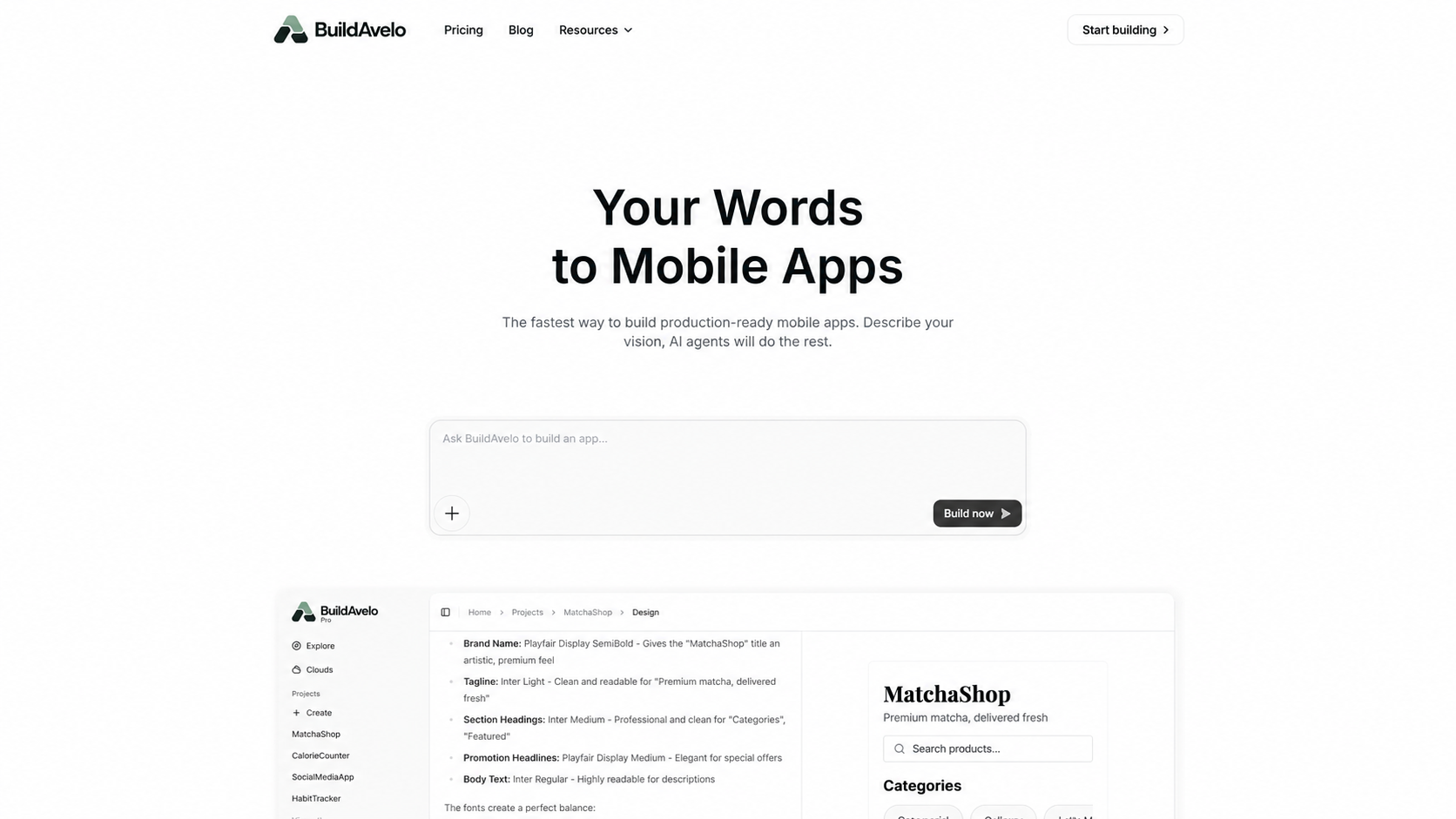 BuildAvelo homepage showing the AI-native no-code mobile app builder with options to start building for free