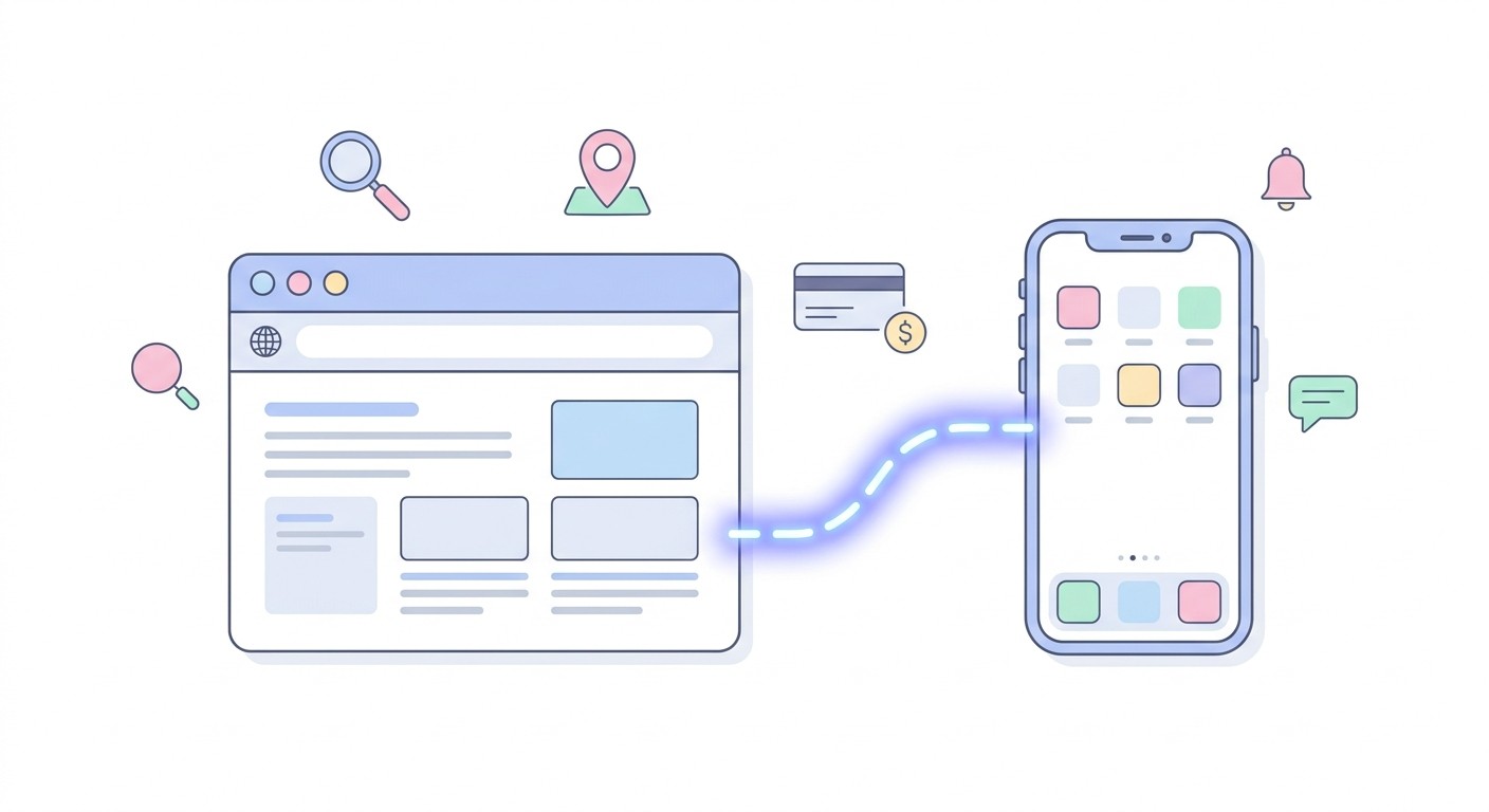 App vs website comparison showing a browser window and a mobile app connected by search, maps, payment and notification icons