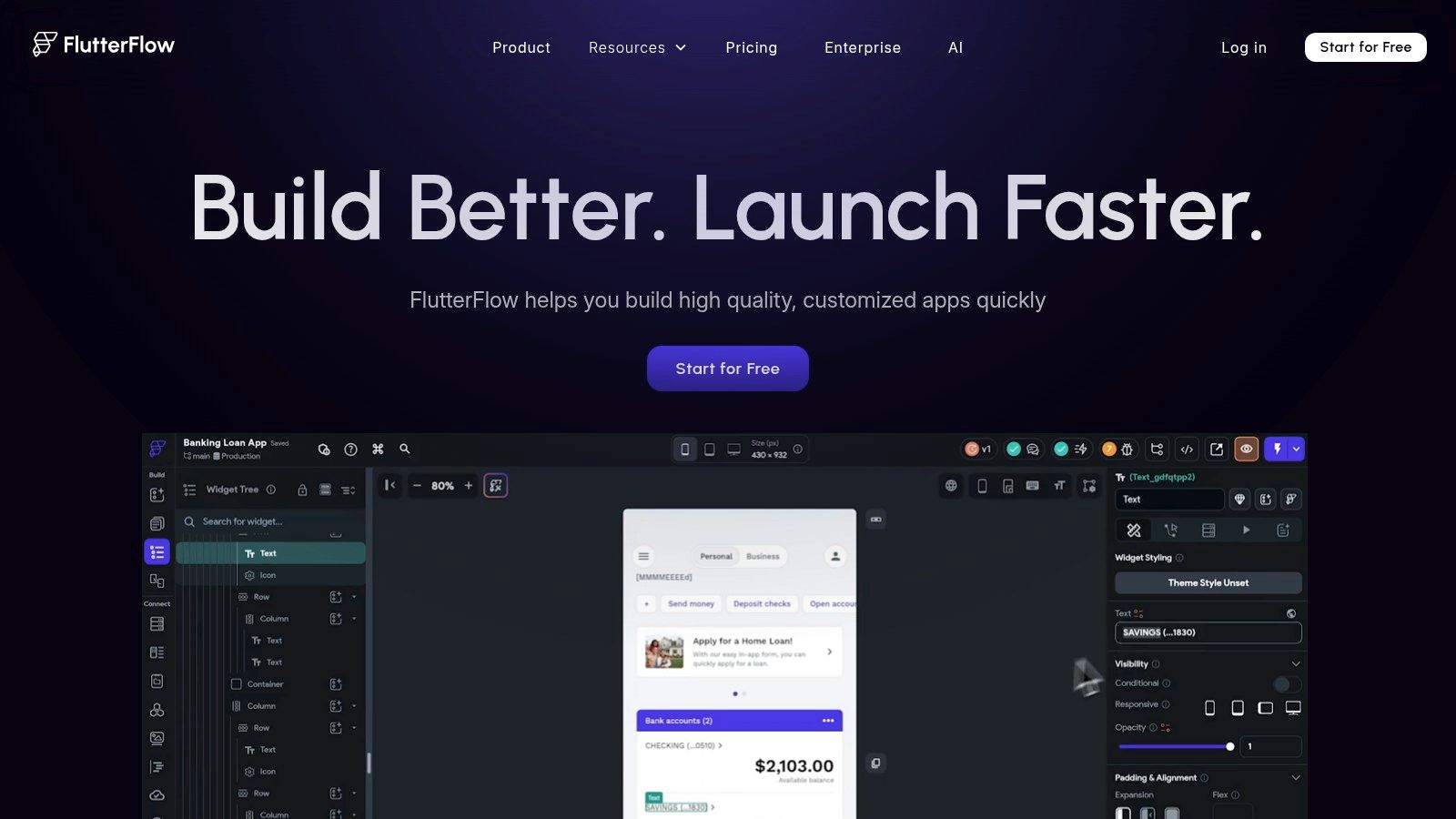 FlutterFlow low-code visual builder for creating mobile apps