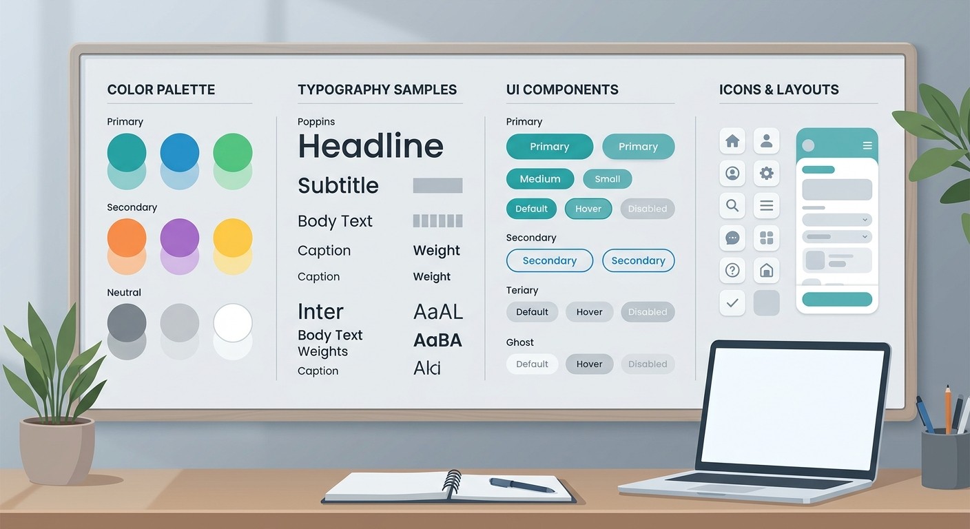 Illustration of a mobile app design system with color swatches, typography samples, and UI components