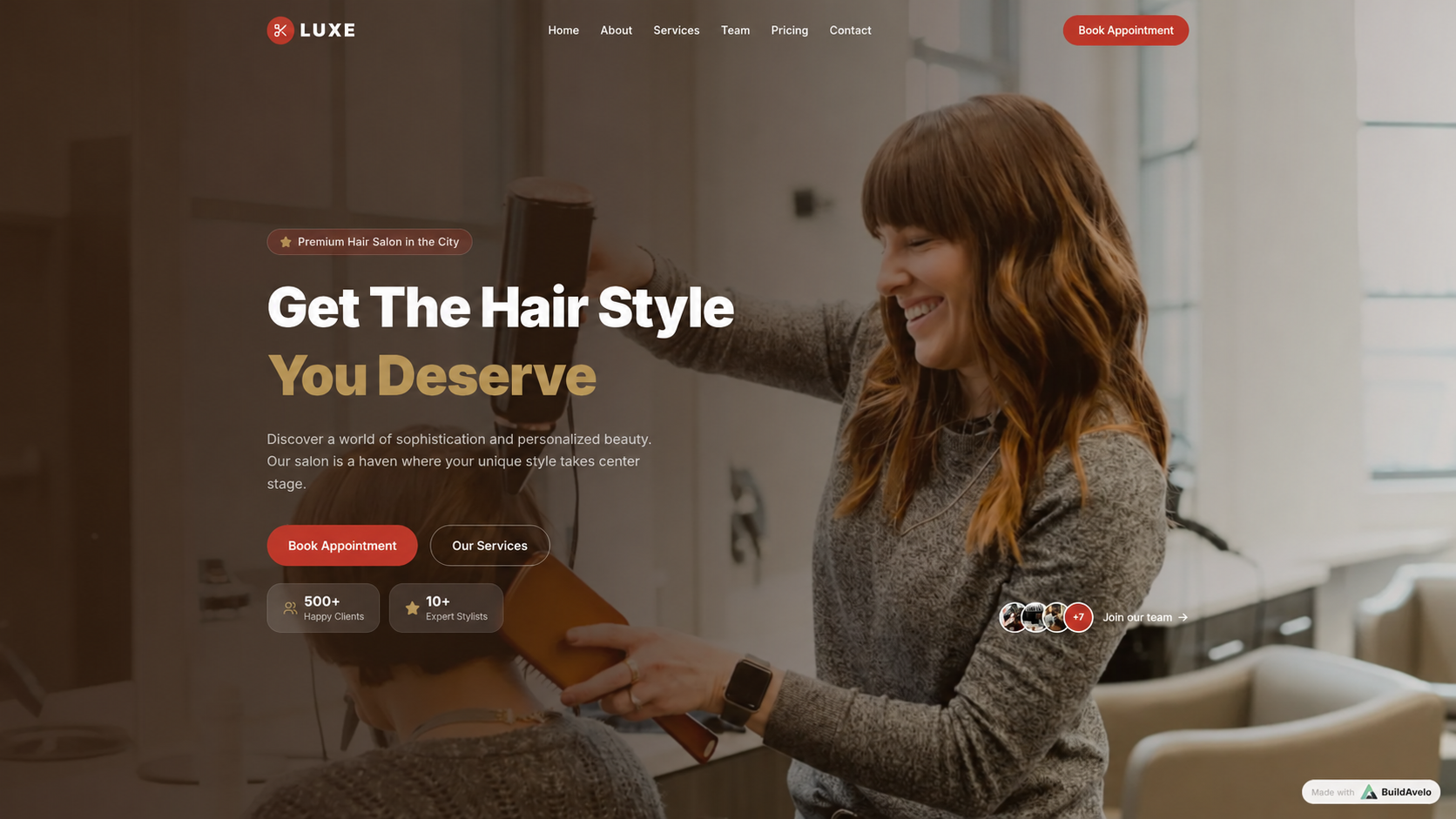 Live LUXE hair salon site built with BuildAvelo in two prompts, with a Made with BuildAvelo badge in the corner