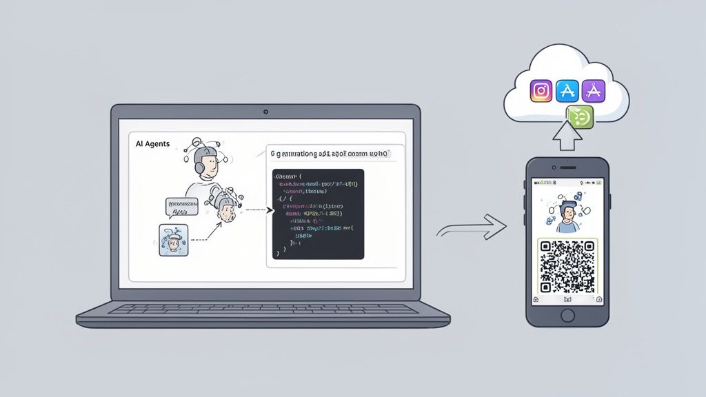 A laptop displays AI agent diagrams and code, illustrating mobile app integration with a smartphone and cloud services