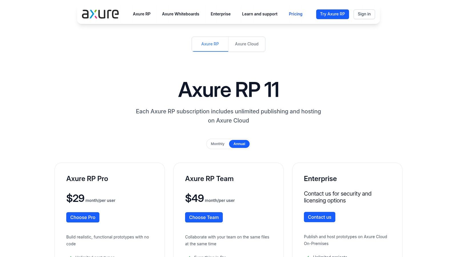 Axure RP pricing plans showing Pro, Team, and Enterprise tiers