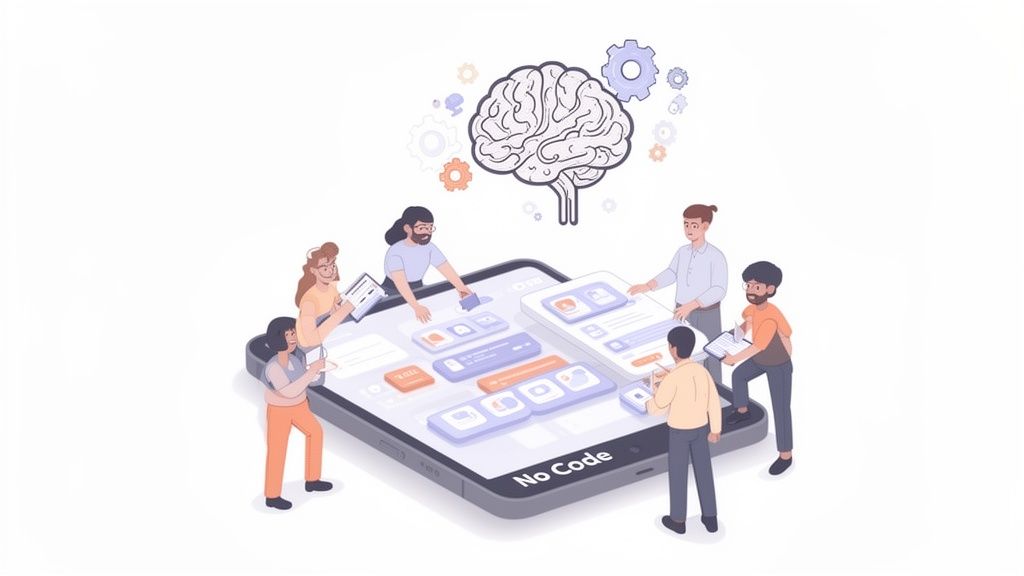 A person designing a mobile app on a visual, AI-powered no-code platform.