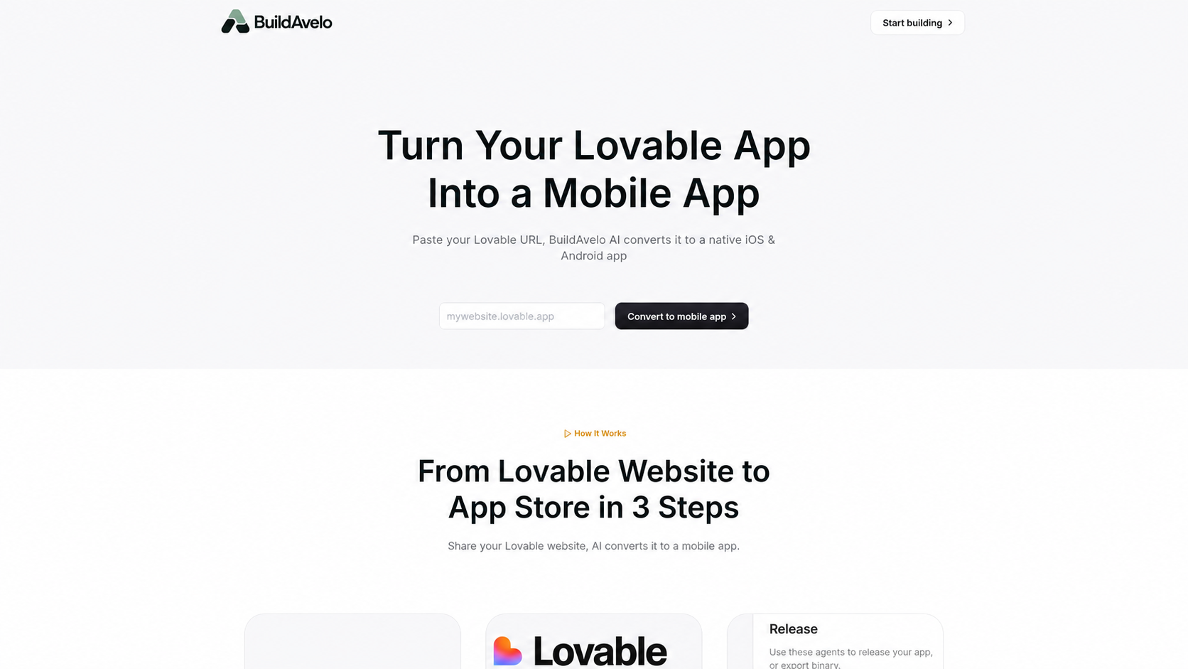 BuildAvelo Lovable integration page showing the URL to mobile app conversion tool