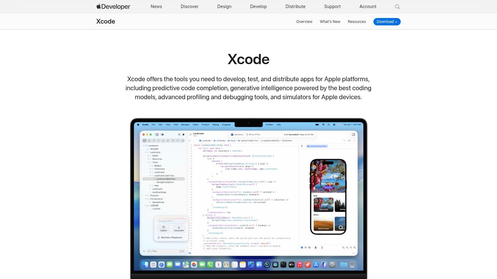 Xcode IDE for building native iOS mobile apps on Apple platforms