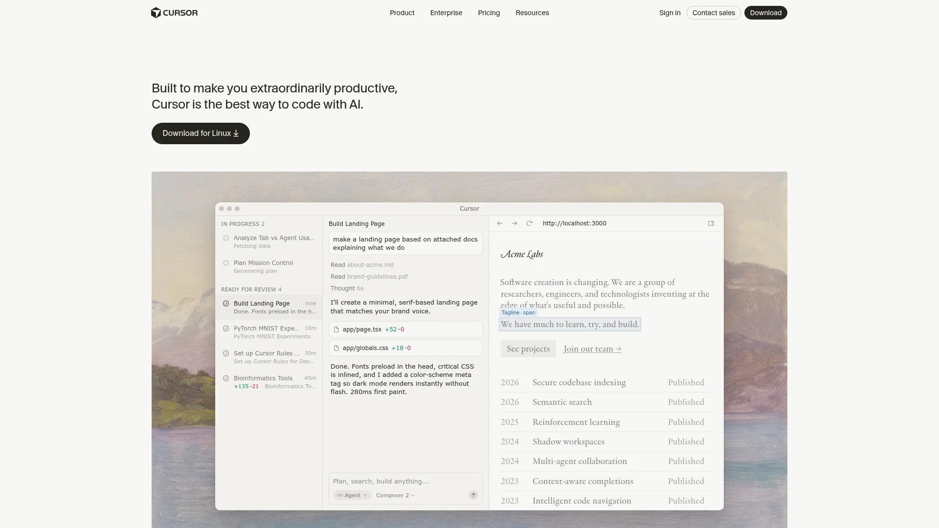 Cursor homepage showing the AI code editor interface with Agent mode and parallel task management