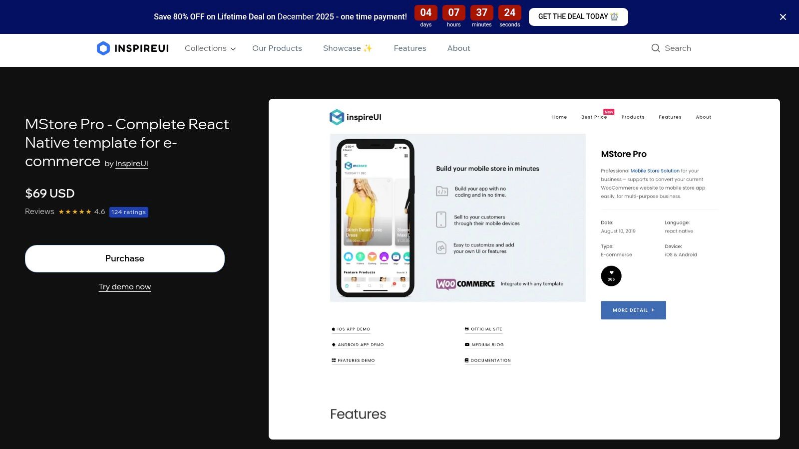 MStore Pro e-commerce React Native template showing a product catalog, shopping cart, and checkout screens