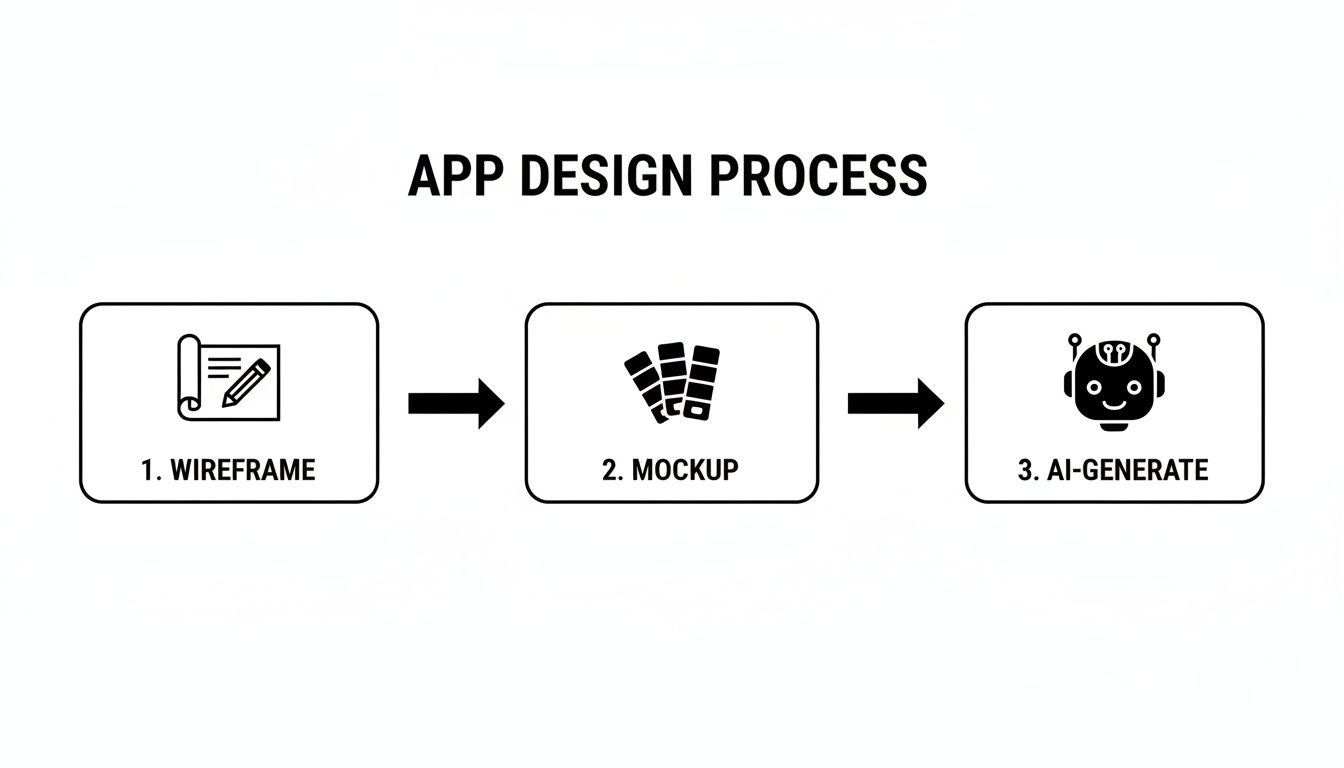 A flowchart depicting the app design process with three steps: Wireframe, Mockup, and AI-Generate.