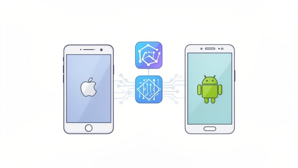Cross-platform mobile application development illustrated with iOS and Android smartphones linked by app icons.