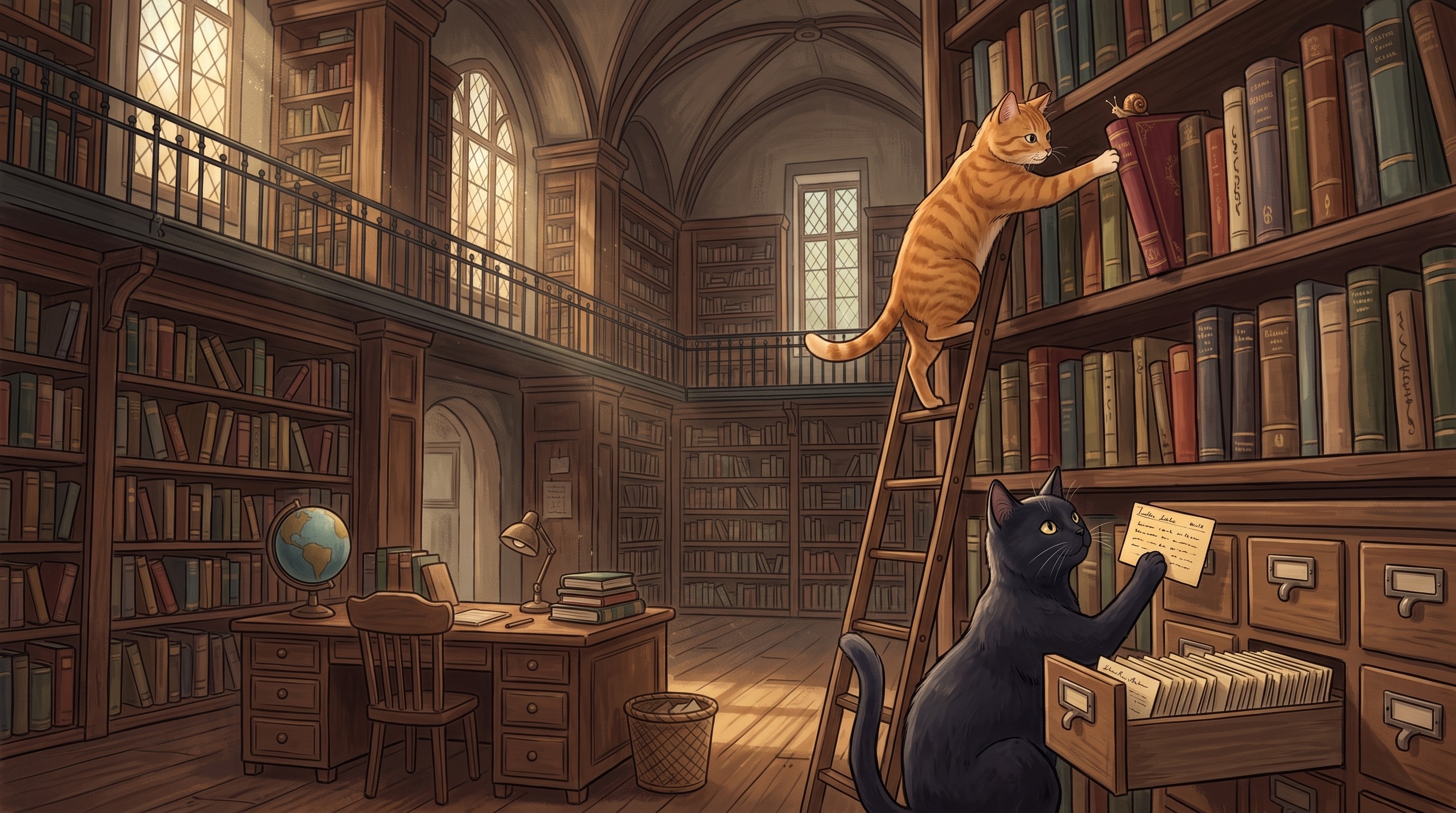 An orange tabby climbs a tall wooden ladder to reach a red book on a high shelf in a grand old library, while a black cat below holds up an index card from an open card-catalog drawer.