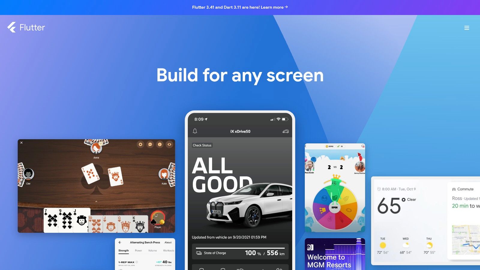 Flutter project structure in an IDE showing Dart code and a hot-reloaded app preview on iOS and Android side by side